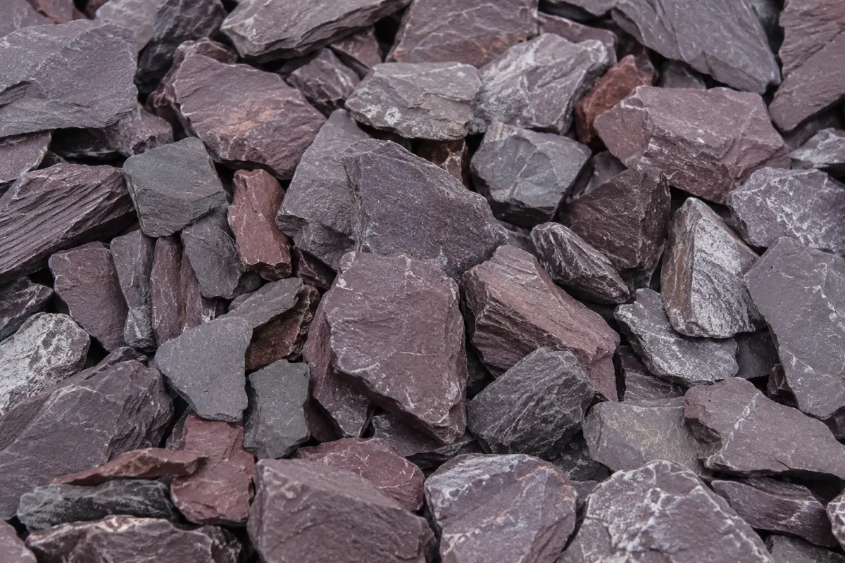 Close-up of plum slate decorative chippings